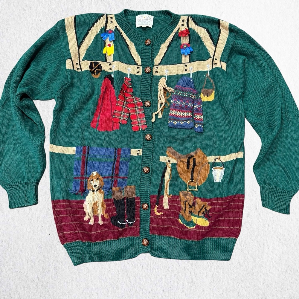 Vintage 1993 Susan Bristol Womens Equestrian Barngirl Sweater Large Pine Green
